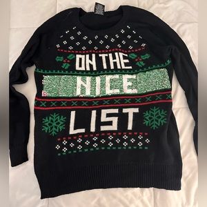 Ugly Christmas Sweater - Reversible Sequins Naughty or Nice - Navy Blue - Size L
